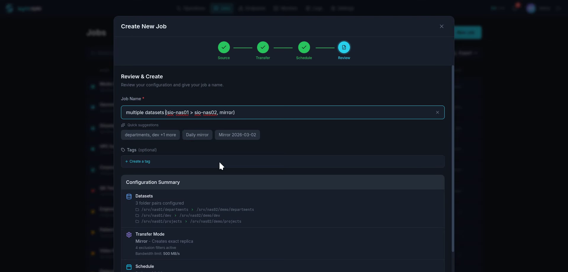 syncopio job wizard review step showing multi-dataset configuration summary