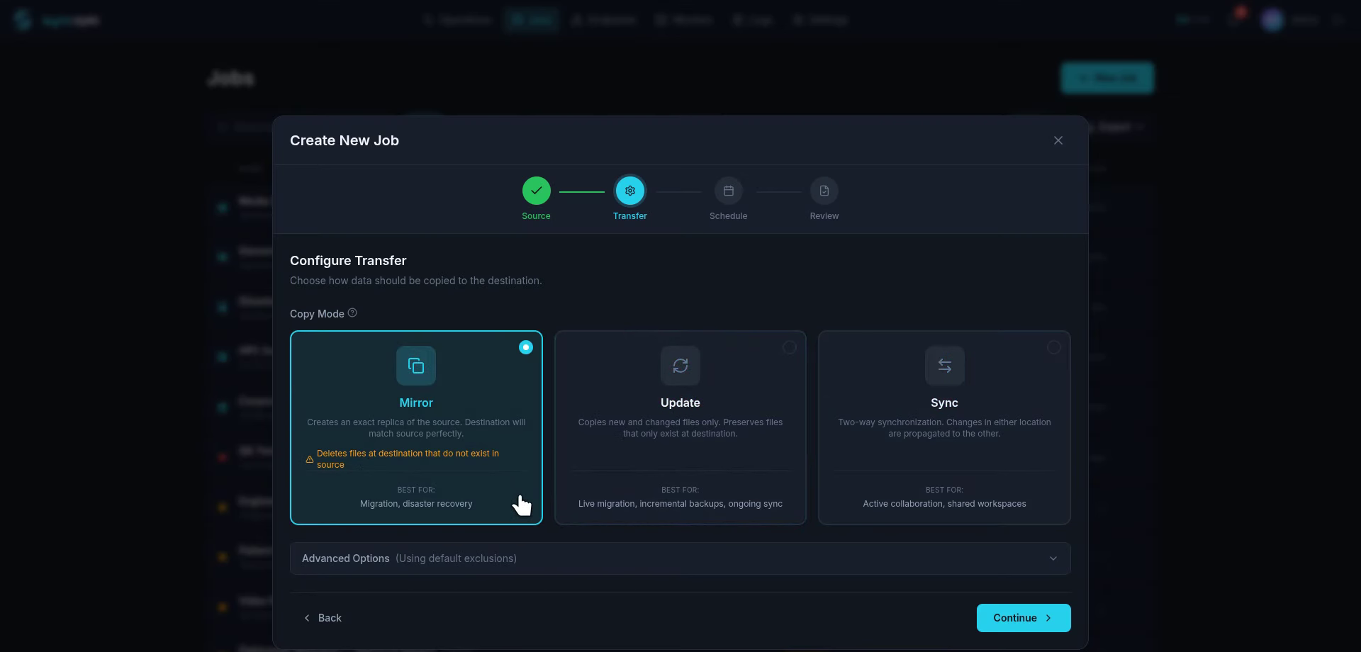 syncopio job wizard showing Mirror, Update, and Sync transfer modes